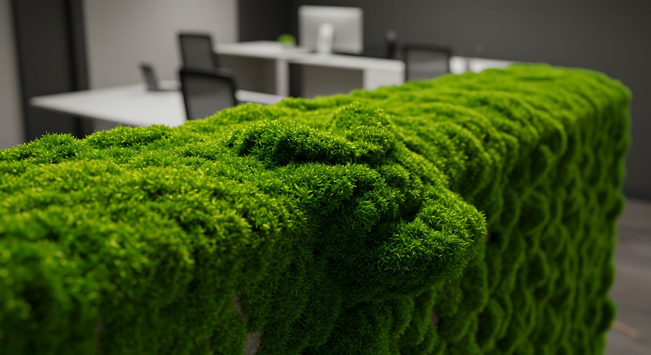 Raumtrenner mit dichter Moosoberfläche in modernem Büro, der für Schallschutz und natürliche Atmosphäre sorgt