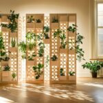 Raumtrenner aus hellem Holz mit integrierten Pflanzen in modernem Wohnzimmer, das durch Tageslicht und grüne Akzente freundlich wirkt