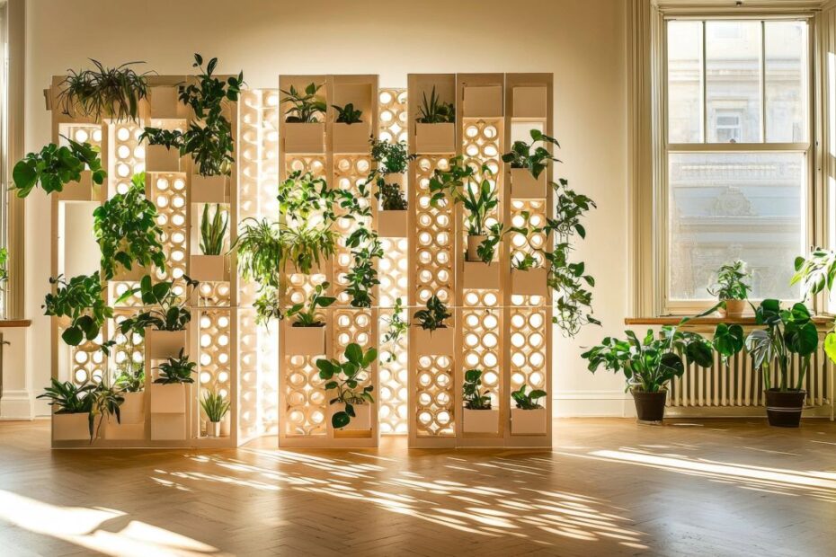 Raumtrenner aus hellem Holz mit integrierten Pflanzen in modernem Wohnzimmer, das durch Tageslicht und grüne Akzente freundlich wirkt
